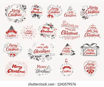 Christmas lettering designs set. Vector red and grey illustrations for posters t-shirt or postcard on a white background. Calligraphic hand drawn font