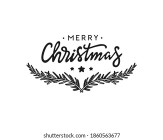 Christmas lettering with fir tree branches. Merry Christmas handwritten calligraphy. Vector illustration.