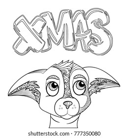 Christmas lettering. Christmas hand drawn decorative doodle style page. Pattern for coloring book. Year of the dog. Black and white pattern. Can be used for web page background, postcard, card, poster