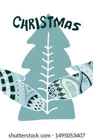 Christmas lettering hand drawn phrase with Xmas illustration. Unique design elements for greeting card made in vector. Very cute and warm mittens.