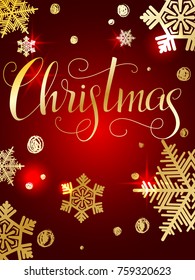 Christmas lettering. Hand written Christmas poster. Modern hand lettering on a red sparkling background with golden stars and snowflakes