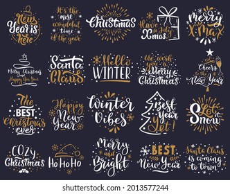 Christmas lettering. Happy New Year and Merry Christmas greeting lettering phrases vector illustration set. Hand drawn xmas lettering badges. Festive typography for congratulation stickers