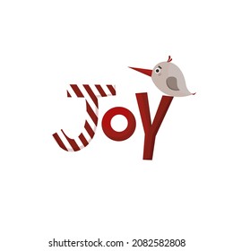 Christmas lettering Joy in modern flat style with bird. Vector stock illustration