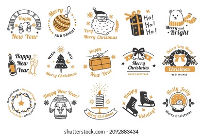 Christmas lettering labels, xmas emblem with hand drawn elements. New year, winter holidays cute badges with santa, gifts, tree toys vector set. Greeting cards text with mittens and scarf, champagne