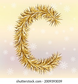 Christmas lettering Letter C with a fur or tinsel text effect over yellow and pink blurred background Simple flat vector illustration