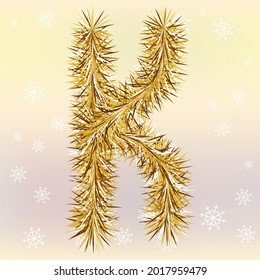 Christmas lettering Letter K with a fur or tinsel text effect over yellow and pink blurred background Simple flat vector illustration