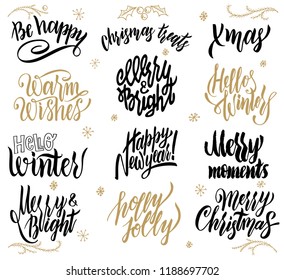 Christmas lettering. Merry Christmas. Happy New Year. Typography set. Vector logo, emblems, text design. Merry Christmas logo, Merry Christmas text. Usable for banners, greeting cards, gifts.