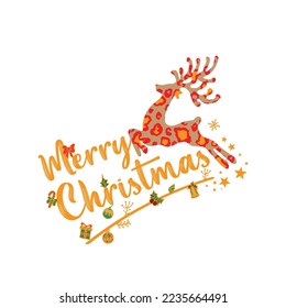 Christmas lettering. Merry Christmas Print Design Vector illustration. Vector reindeer silhouette drawing illustration with seamless pattern leopard background texture.