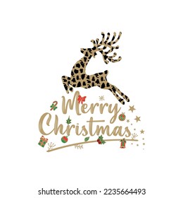 Christmas lettering. Merry Christmas Print Design Vector illustration. Vector reindeer silhouette drawing illustration with seamless pattern leopard background texture.