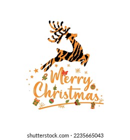 Christmas lettering. Merry Christmas Print Design Vector illustration. Vector reindeer silhouette drawing illustration with seamless pattern tiger background texture.