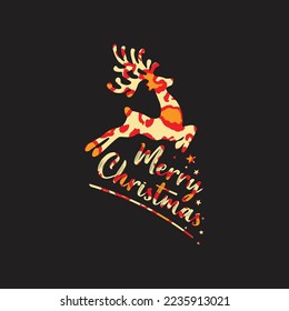 Christmas lettering. Merry Christmas Print Design Vector illustration. Vector reindeer silhouette drawing illustration with seamless pattern leopard background texture.