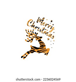 Christmas lettering. Merry Christmas Print Design Vector illustration. Vector reindeer silhouette drawing illustration with seamless pattern tiger background texture.