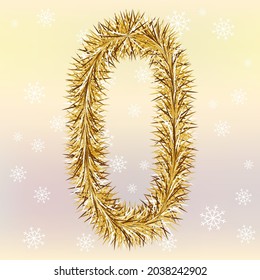 Christmas lettering Number 0 with a fur or tinsel text effect over yellow and pink blurred background Simple flat vector illustration