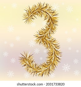 Christmas lettering Number 3 with a fur or tinsel text effect over yellow and pink blurred background Simple flat vector illustration