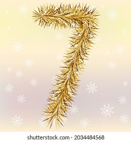 Christmas lettering Number 7 with a fur or tinsel text effect over yellow and pink blurred background Simple flat vector illustration