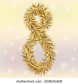 Christmas lettering Number 8 with a fur or tinsel text effect over yellow and pink blurred background Simple flat vector illustration