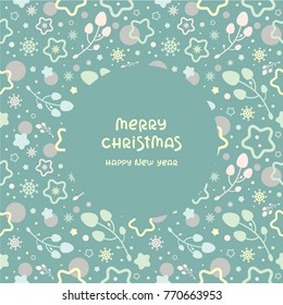 Christmas lettering on seamless vector pattern with snowflakes, stars and branches in light color. Winter decoration.  Template for wrapping paper and christmas background, frame for your text.