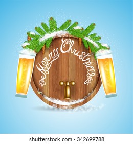 Christmas lettering on wood barrel with snowy fir tree branch and beer of glass