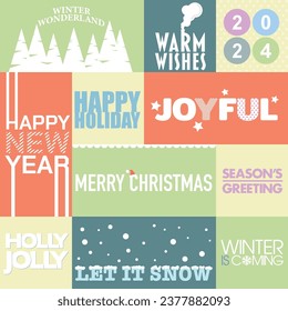 Christmas lettering pastel colors vector illustration. Christmas wording composition flat design, geometry, mosaic and vintage concept.