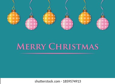 christmas lettering with pink and orange balls on dark background. vector. banner