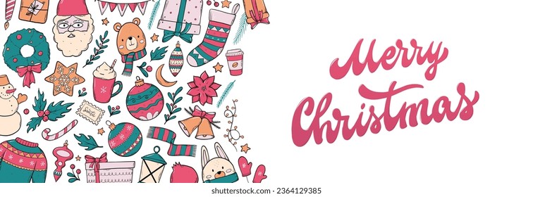 Christmas lettering quote decorated with doodles for social media horizontal banner, template, print, invitation, leaflet, card. EPS 10