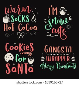Christmas lettering quotes set. Silhouette calligraphy posters with quotes. With santa, candy, decor. Illustrations for greeting card, t-shirt print, mug design. Stock vector