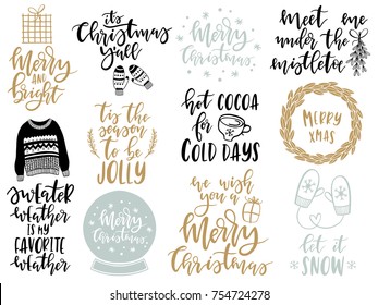 Christmas lettering scandinavian set with holiday Elements. Mittens, cocoa, wreath, mistletoe, gift box. Typographic design. Vector illustration.