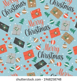 Christmas lettering seamless pattern with merry christmas and xmas gifts and decorations. Vector illustration 