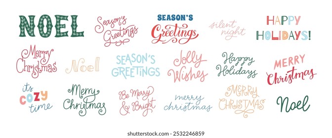 Christmas lettering set. Big collection of hand drawn and hand written Christmas greetings. Colorful vector lettering text