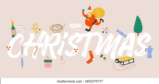 Christmas lettering with set of elements for winter decor. Santa Claus, Christmas tree, toys, sleigh, garland, fireworks, champagne. Vector flat christmas text on white background. Happy New Year.