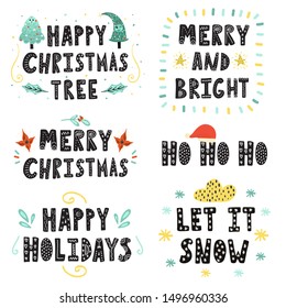 Christmas lettering set. Hand drawn quotes collection. Happy holidays, Let it snow, Ho ho ho and other phrases. Vector illustration