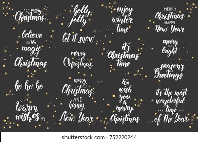 Christmas lettering set. Handwritten modern calligraphy, brush painted letters. Christmas greeting quotes. Happy New Year. Text for poster, banner, flyer, brochure, web, advertising 