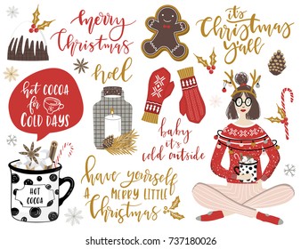 Christmas lettering set with holiday Elements. Gingerbread man, girl, cocoa, mittens, candle, candy, pudding. Typographic design. Vector illustration.