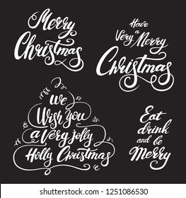 Christmas lettering set. Vector white inscriptions for posters t-shirt banners or postcard on a black background. Calligraphic hand drawn font