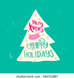 Christmas lettering in a shape of a Christmas tree. New year greeting card, Holiday greetings.