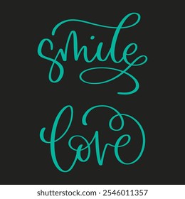 Christmas lettering. Smile and love on a black background. Vector illustration