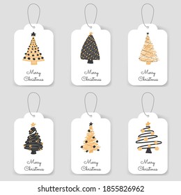 Christmas lettering tags set. Merry Christmas Happy New Year hand drawn labels set. Merry Christmas and Happy New Year greeting cards with handwritten elements. Vector illustration