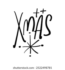 Christmas lettering text, hand drawn black and white snowflake. Brush, ink decor element. Noel and New Year party day card, pattern element and winter symbol. Vector, clip-art.