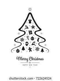christmas lettering tree black elements isolated background