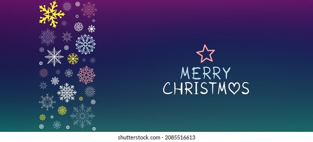 Árbol de letras navideñas y decoración de color invernal. Mensaje de vacaciones y nieve de color sobre fondo oscuro del cielo. Hermosa plantilla de nevadas de invierno. Fondo de decoración de copos de nieve