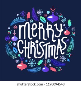 Christmas lettering and vector elements. Wreath, made of fir, leaves, branches, balls and Merry Christmas lettering on dark background. Flat style cartoon christmas elements. Vector illustration.