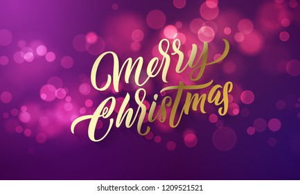 Christmas lettering and Xmas holiday sparkling flares background. Vector Merry Christmas greeting card