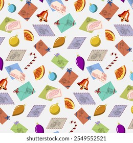Cartas e cartões de Natal.Vetor padrão sem emenda de cartas, cartões postais e decoração de Ano Novo.