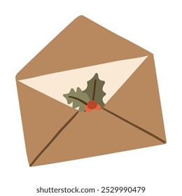Christmas letters and envelope. Flat style. Traditional Christmas symbols green holly leaves, and pine branches.
