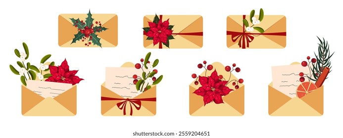 Christmas letters to Santa Claus. Letters decorated with mistletoe, holly, poinsettia. Letter with a wish, postal envelope. Christmas mail. Vector illustration.