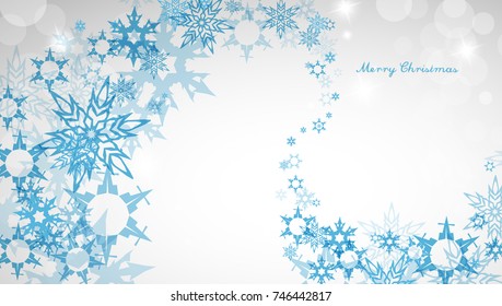 Christmas light background with blue snowflakes and Merry Christmas text - light version