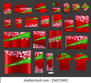 Christmas light background with corporate identity templates design, Blank name card, envelope, mugs, calendar, notebook paper, folded paper, magazine cover, exhibition banners stands, polo t shirt