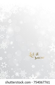 Christmas light background with white and golden snowflakes.