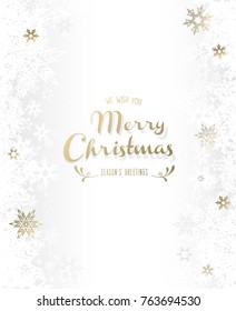 Christmas light background with white and golden snowflakes.