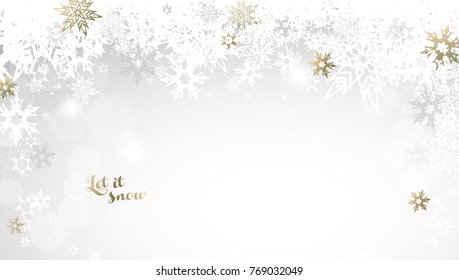 Christmas light background with white and golden snowflakes.